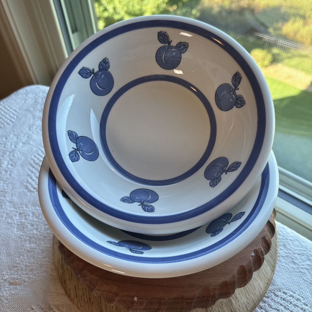 Roma NY Italy Ceramic Hand Painted Blue & White Cereal Soup Berry Bowl Set of 2